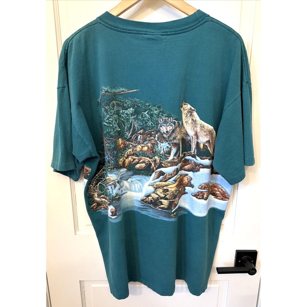 Vtg 90s Wolf Double Sided Graphic Single Stitch Green XL 100% Cotton T Shirt USA - Picture 8 of 16